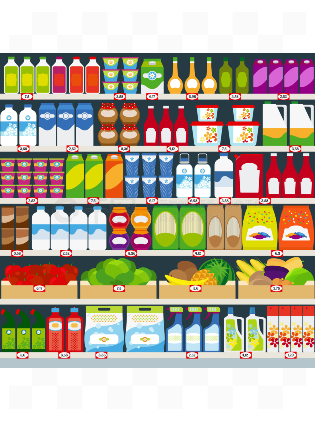 智慧陳列 乳制品、水果與日用化學(xué)品貨架布局的向量化例證